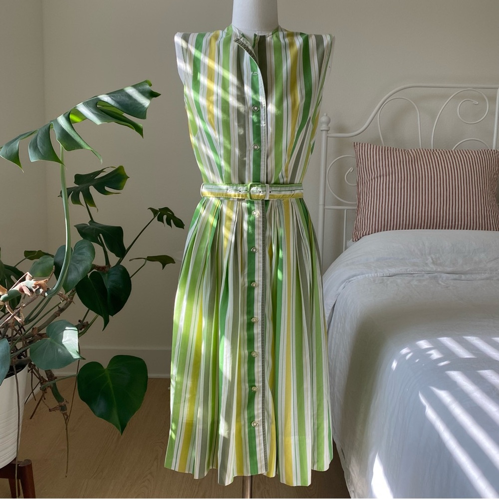Vintage Green Lemon Candy Stripe Shirt Dress w/ Belt Kenny Classics by Donnkenny - Picture 6 of 13